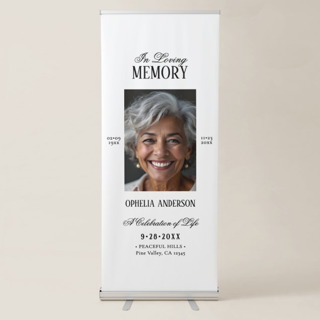 Elegant Modern Black & White Photo Memorial Retractable Banner (Front)