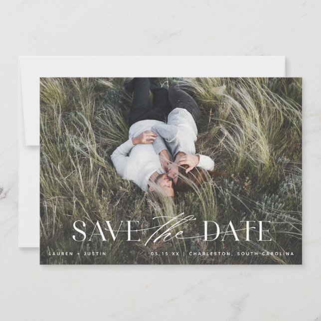 Elegant Modern Black & White Photo Wedding Save Th The Date (Front)