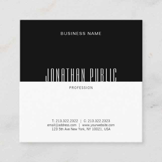 Elegant Modern Black White Professional Plain Top Square Business Card (Front)