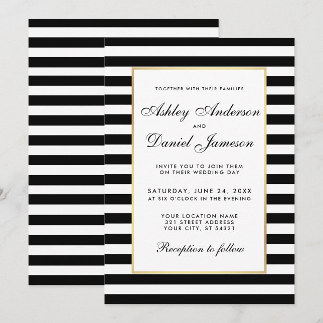 Elegant Modern Black White Striped Wedding Invite (Front/Back)