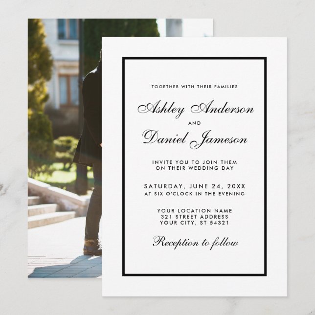 Elegant Modern Black & White Wedding Invite Photo (Front/Back)
