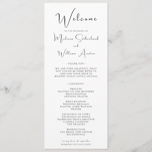 Elegant Modern Black & White Wedding  Program (Front)