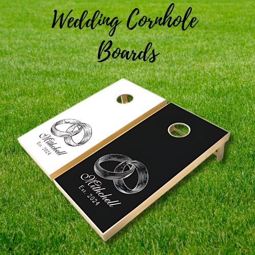 Elegant Modern Black  White Wedding Rings Cornhole Set
