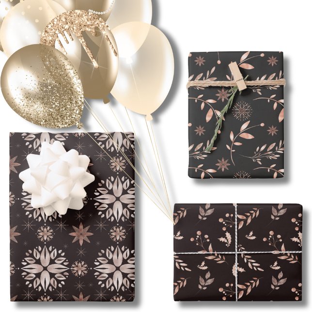 Elegant Modern Black Winter or Holiday Botanical  Wrapping Paper Sheets (Elegant Black Winter Botanical Wrapping Paper Sheets)