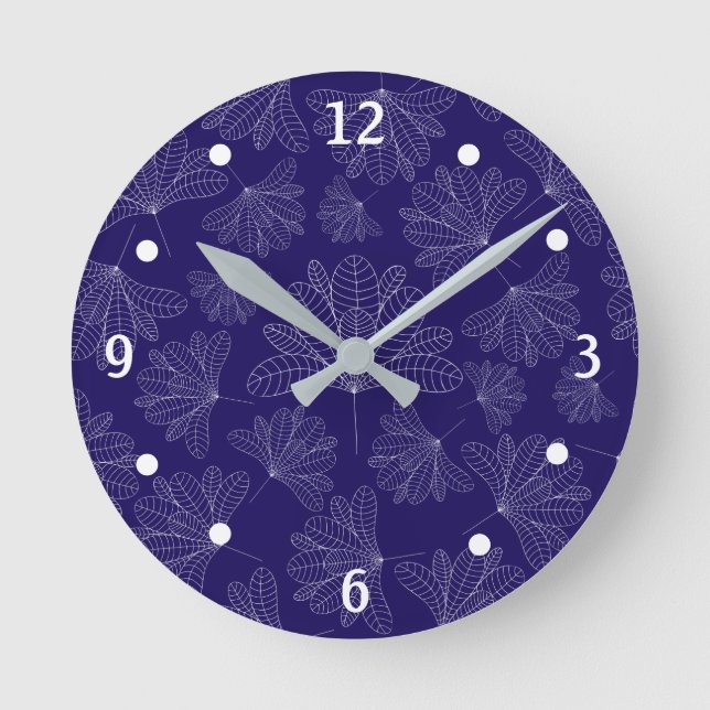 Elegant modern blue and white leafy Round Clock (Front)