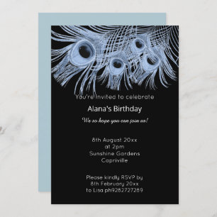 ELEGANT MODERN BLUE BLACK PEACOCK FEATHERS INVITATION