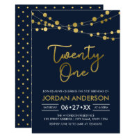 Elegant Modern Blue Faux Gold Lights 21st Birthday Card
