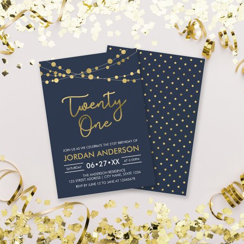 Elegant Modern Blue Faux Gold Lights 21st Birthday Invitation