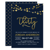 Elegant Modern Blue Faux Gold Lights 30th Birthday Card