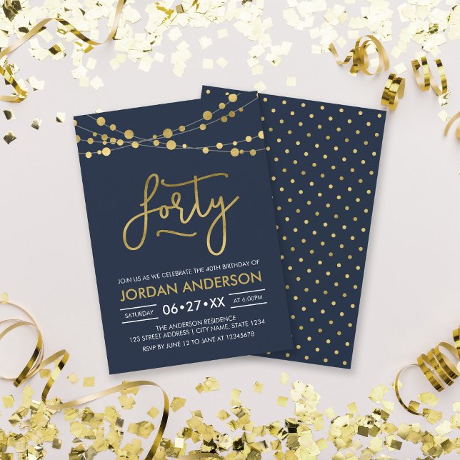 Elegant Modern Blue Faux Gold Lights 40th Birthday Invitation (Creator Uploaded)
