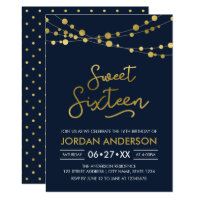 Elegant Modern Blue Faux Gold Lights Sweet Sixteen Card