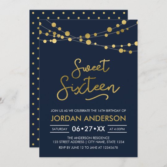 Elegant Modern Blue Faux Gold Lights Sweet Sixteen Invitation | Zazzle.com