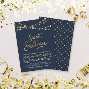 Elegant Modern Blue Faux Gold Lights Sweet Sixteen Invitation