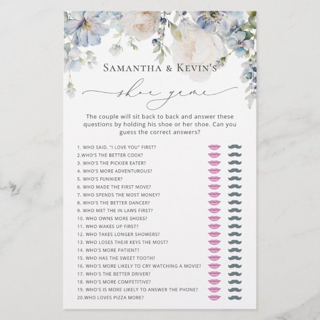 Elegant Modern Blue Floral Bridal Shower Shoe Game (Front)