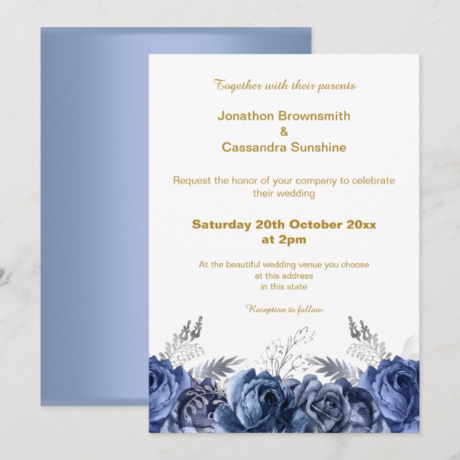 ELEGANT MODERN BLUE FLORAL SIMPLE WEDDING INVITATION (Front/Back)