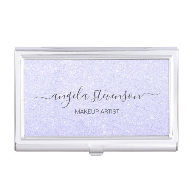 Elegant modern blue glitter makeup artist business card case (Front)