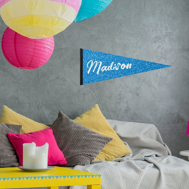 Elegant Modern Blue Glitter Script Custom Name Pennant Flag (Creator Uploaded)