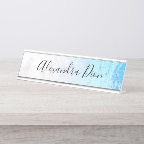 Elegant modern blue glitter white marble  desk name plate