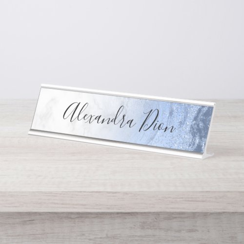 Elegant modern blue glitter white marble  desk name plate
