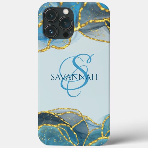 Elegant Modern Blue Gold Agate Stone Texture Name iPhone 13 Pro Max Case