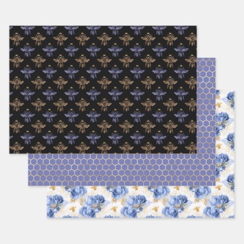 Elegant Modern Blue Gold Bee Pattern Cute Minimal Wrapping Paper Sheets