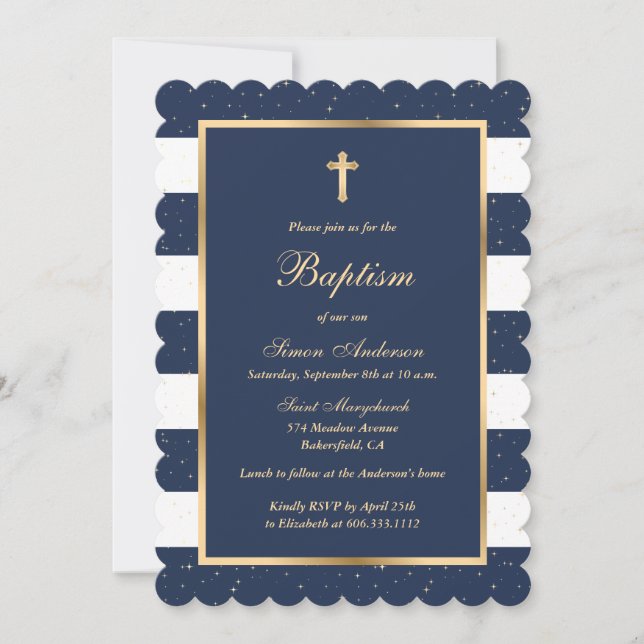 Elegant Modern Blue Gold Boy Baptism Invitation (Front)