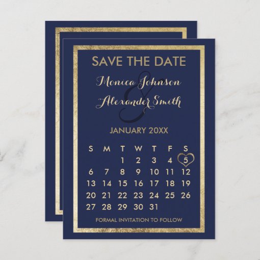 Elegant Modern Blue Gold Calendar Save the Date Announcement Postcard