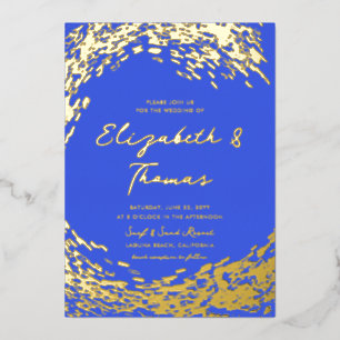 Elegant Modern Blue Gold Surfer Wave Beach Wedding Foil Invitation