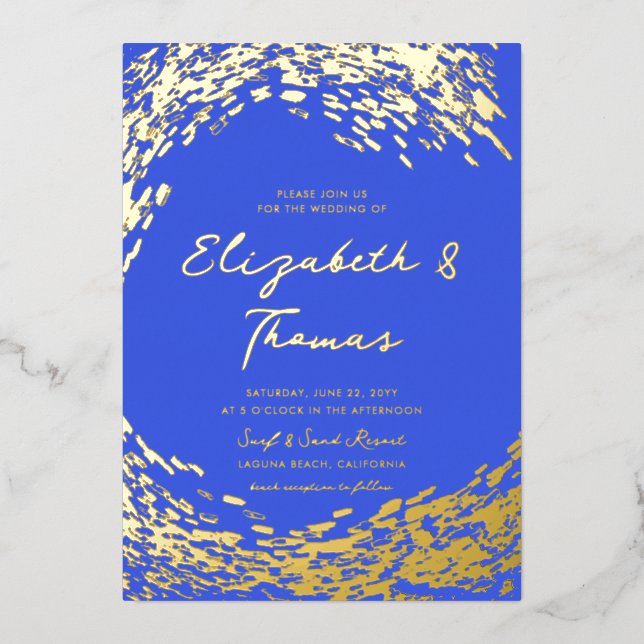 Elegant Modern Blue Gold Surfer Wave Beach Wedding Foil Invitation (Front)