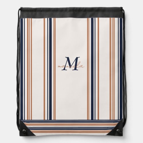 Elegant Modern Blue Gold White Stripes Monogram   Drawstring Bag