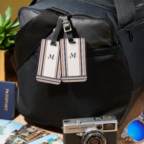 Elegant Modern Blue Gold White Stripes Monogram   Luggage Tag