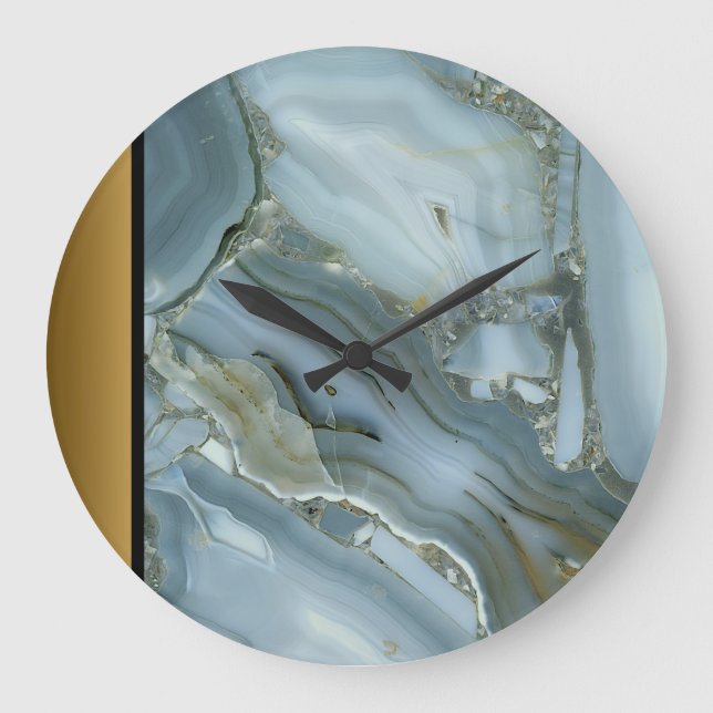 Elegant Modern Blue Gray Gold Marble Pattern  Large Clock (Front)
