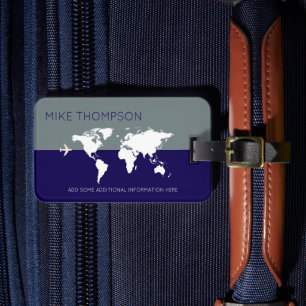 Elegant, modern blue gray worldmap TRAVEL Luggage Tag