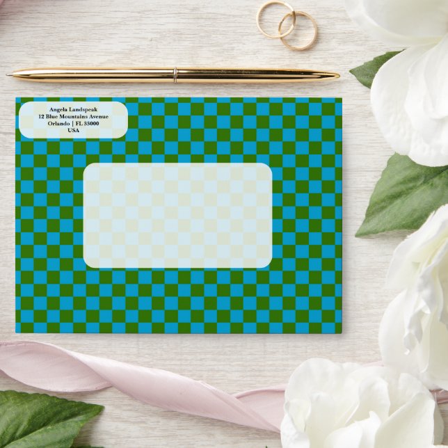 Elegant, Modern Blue & Green Checkered   Envelope (Wedding)