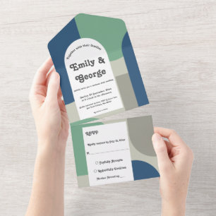 Elegant Modern Blue Green Gray Abstract Wedding All In One Invitation