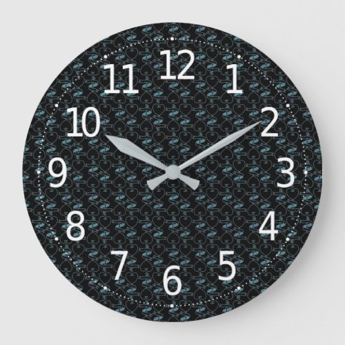 Elegant Modern Blue Hearts and Keys Pattern  Large Clock