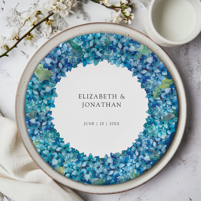 Elegant Modern Blue Hydrangeas Floral Wedding Paper Plates (Creator Uploaded)