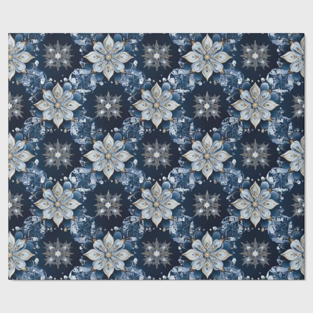 Elegant Modern Blue Jeweled Snowflakes  Wrapping Paper (Seam)