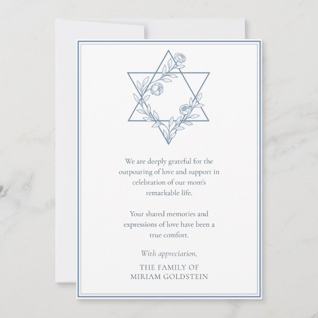 Elegant Modern Blue Jewish Star Sympathy Thank You Card (Front)