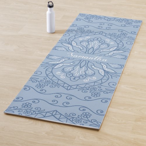 Elegant Modern Blue Mandala Monogrammed Yoga Mat