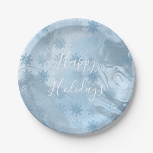 Elegant modern blue marble snowflake pattern paper plates