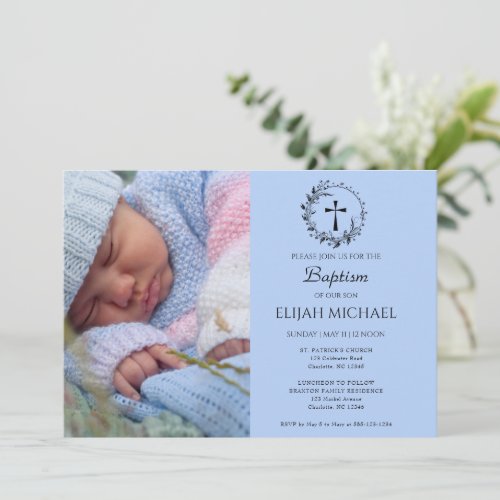 Elegant Modern Blue Photo Baptism Invitation