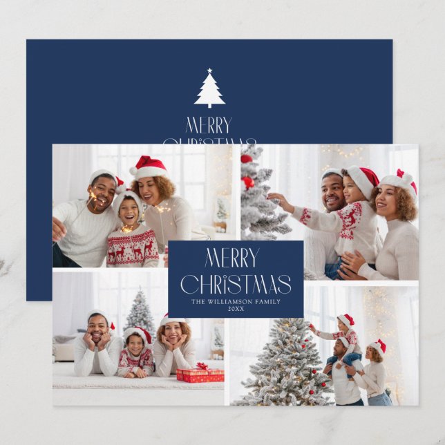Elegant modern blue photo collage christmas card (Front/Back)