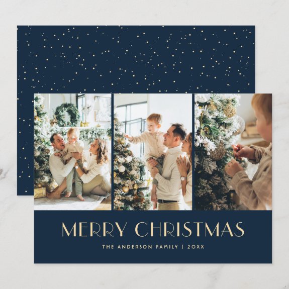 Elegant Modern Blue Photo Collage Christmas Cards