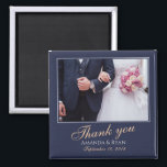 Elegant Modern Blue Photo Thank you Wedding Magnet<br><div class="desc">A favor wedding magnet with a wedding photo, bride and groom names and wedding date. Personalize with your wedding photo and other details. The text is in a script and the background is dark navy blue. An elegant and stylish thank you magnet - great as a gift for your wedding...</div>