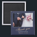 Elegant Modern Blue Photo Thank you Wedding Magnet<br><div class="desc">A favor wedding magnet with a wedding photo, bride and groom names and wedding date. Personalize with your wedding photo and other details. The text is in a script and the background is dark navy blue. An elegant and stylish thank you magnet - great as a gift for your wedding...</div>