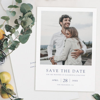 Elegant Modern Blue Photo Wedding Save The Date by goattreedesigns at Zazzle