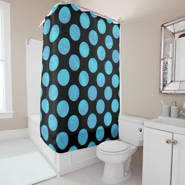 Elegant Modern Blue Polka Dots Marble Pattern | Shower Curtain (In Situ)