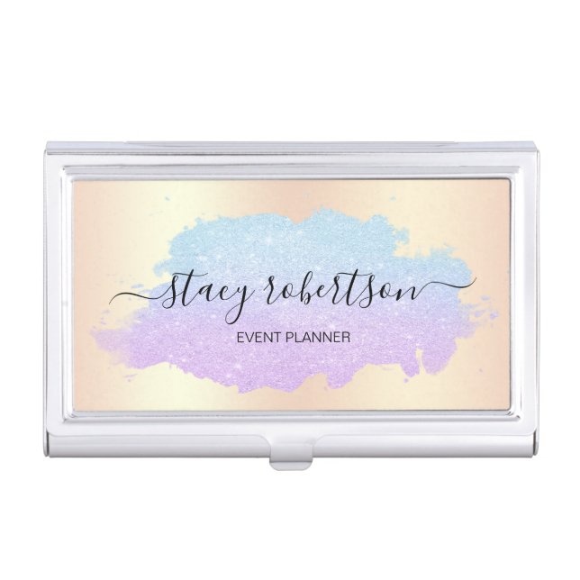 Elegant modern blue & purple glitter planner business card case (Front)