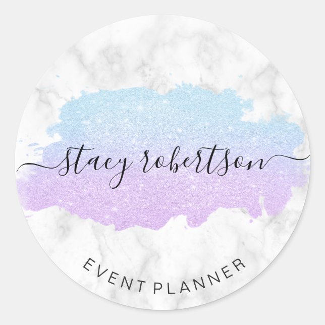 Elegant modern blue & purple glitter planner classic round sticker (Front)